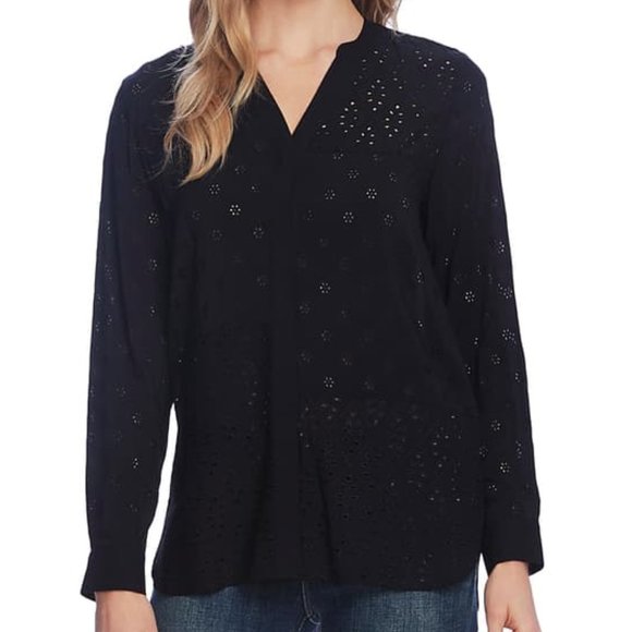 Vince Camuto Long Sleeve Split Neck Embroidered Black Blouse - Picture 1 of 10